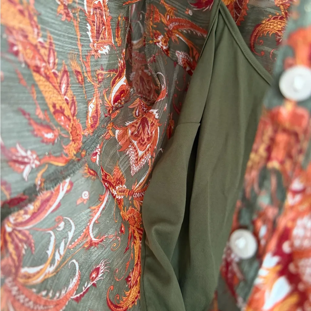 Frye Green Orange Paisley Sheer Button Down Lightweight Blouse Womens M Bohemian - Image 5