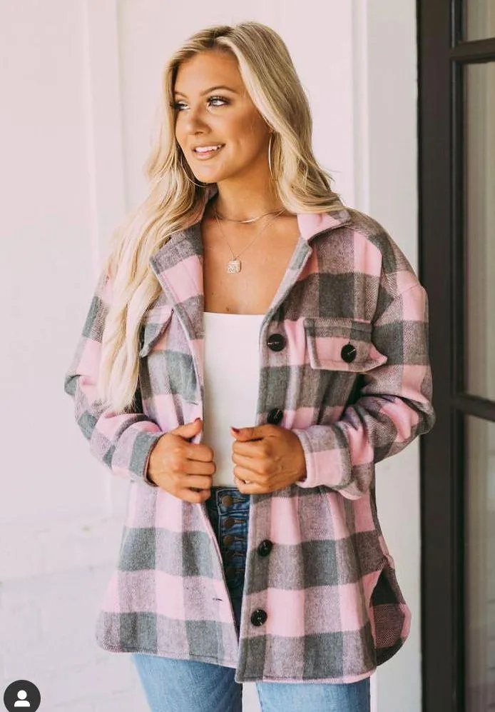 These Three Boutique Oversized Flannel Jacket - Pink/Grey - Image 2