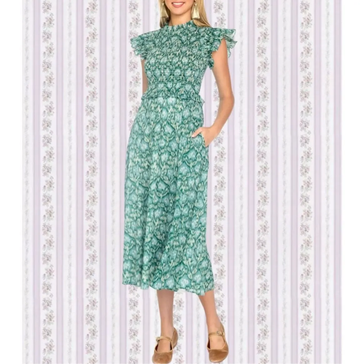 Olivia James The Label Green Dreamscape Pine Ruffles Smocked Lila Dress Small - Image 2