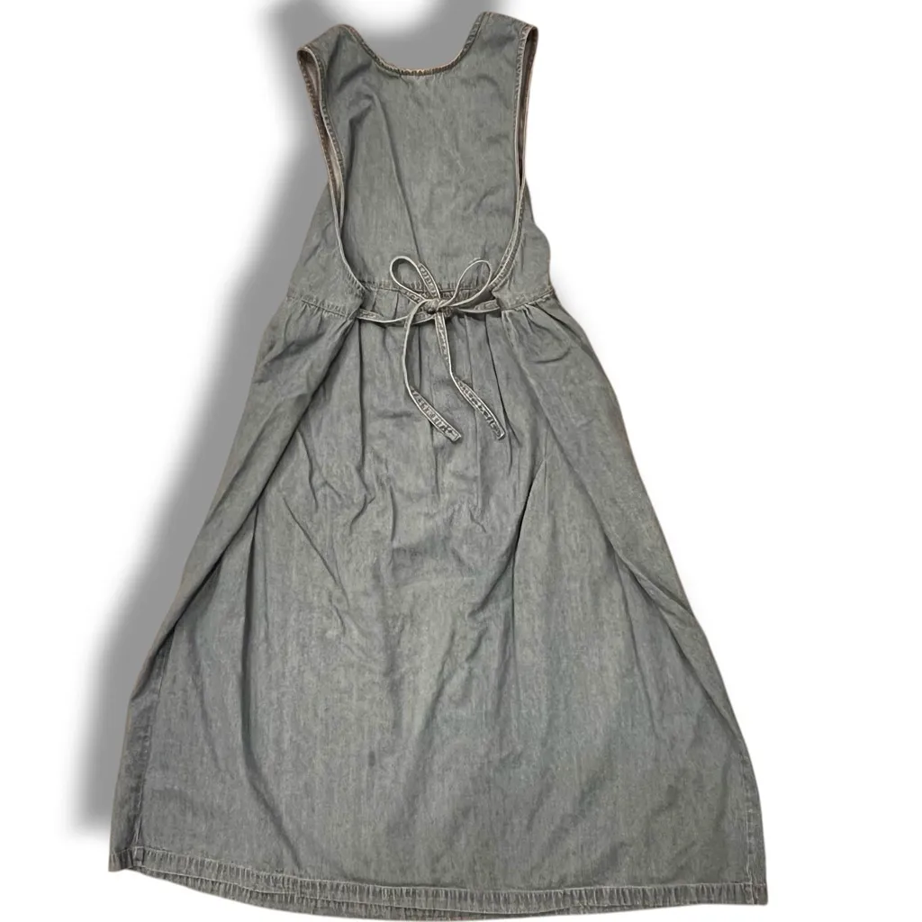 Vtg 90s Denim Modest Jumper Dress Size S/M Embroidered Floral Empire Waist Tie Blue - Image 7