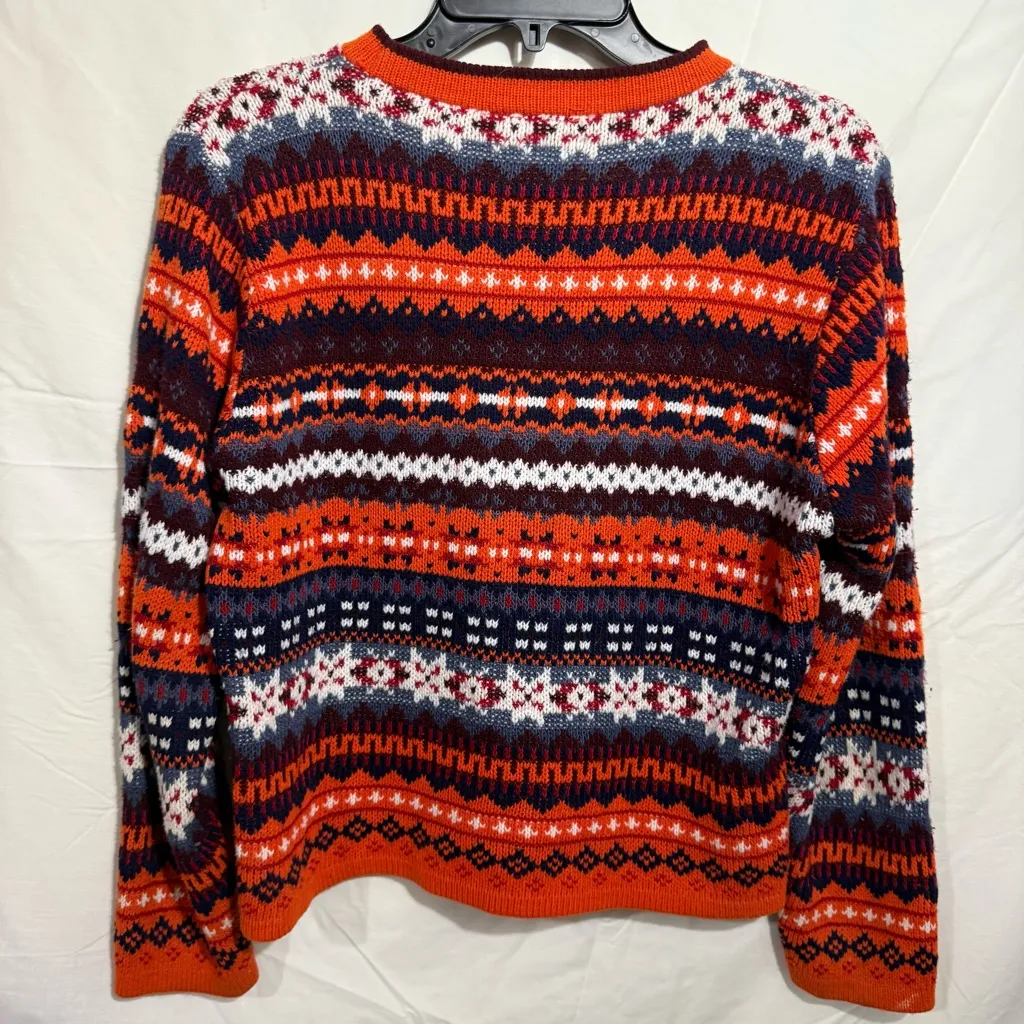 Vintage Adele Fair Isle Crew Neck Sweater in Orange and Navy Made in USA Size L - Image 2