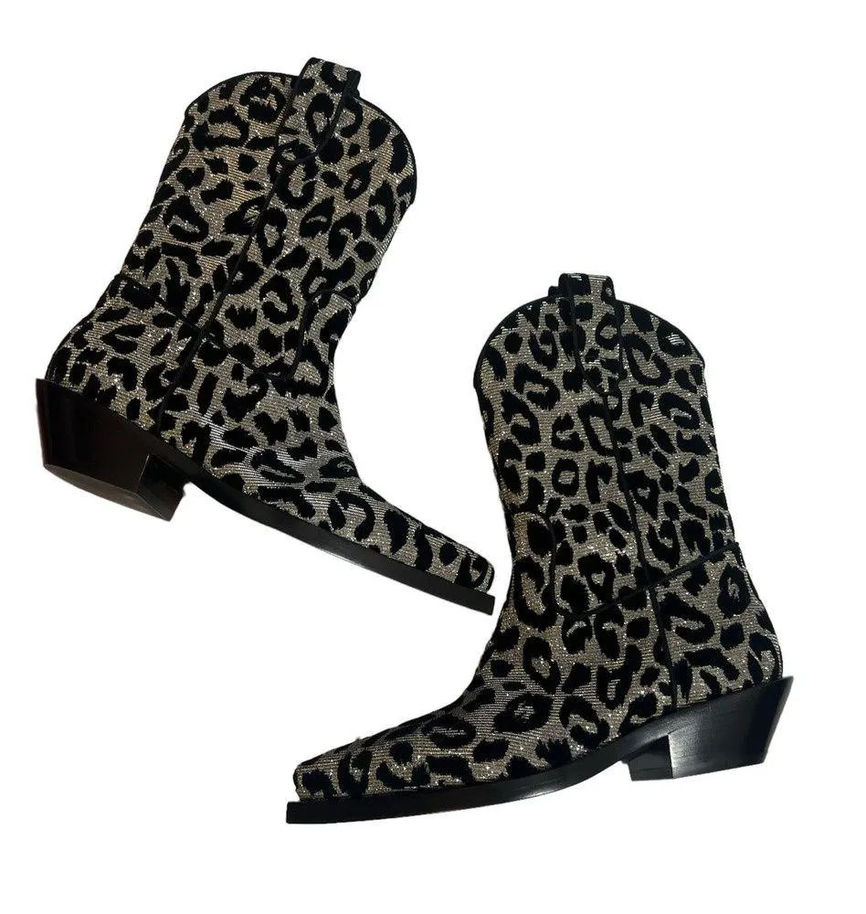 Dolce & Gabbana Metallic Texan 40 Leopard boots sz 35 sliver glitter black - Image 6