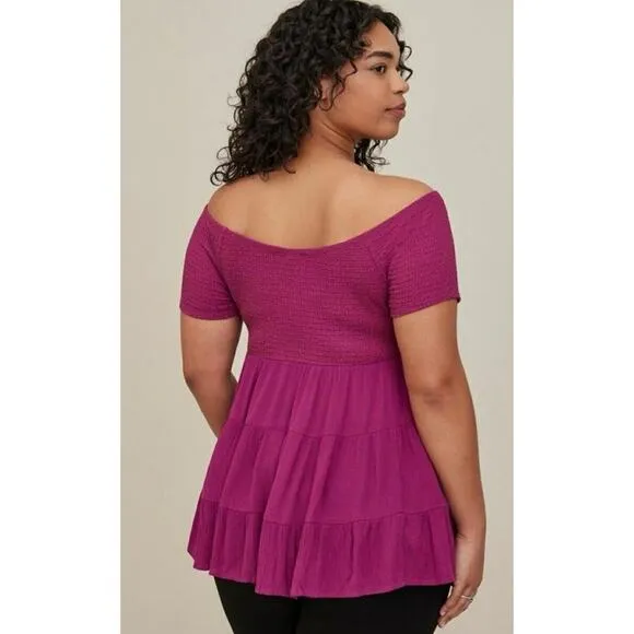 Torrid Plus 2X Top Knit Crinkle Gauze Off The Shoulder Smocked Bodice Blouse - Image 2