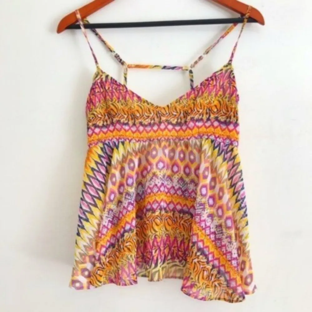 Millau Tank Top S Sheer Cami Backless Colorful Geometric Pattern Bright Summer - Image 3