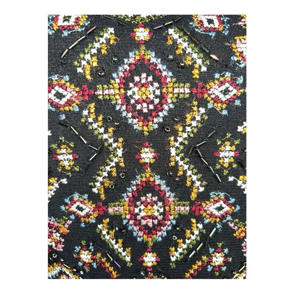 Style & Co Black Brown Boho Embroidered Beaded Floral Nylon Mesh Tiered Dress PL - Image 6