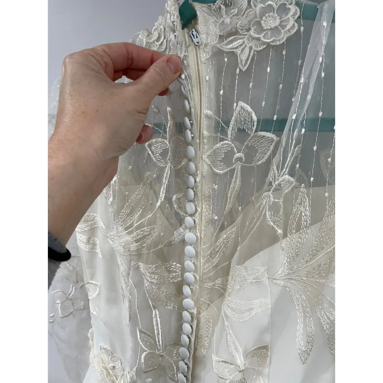 Vintage 80s Victorian Revival Wedding Dress Ivory High Neck Sheer Lace Illusion - Image 13