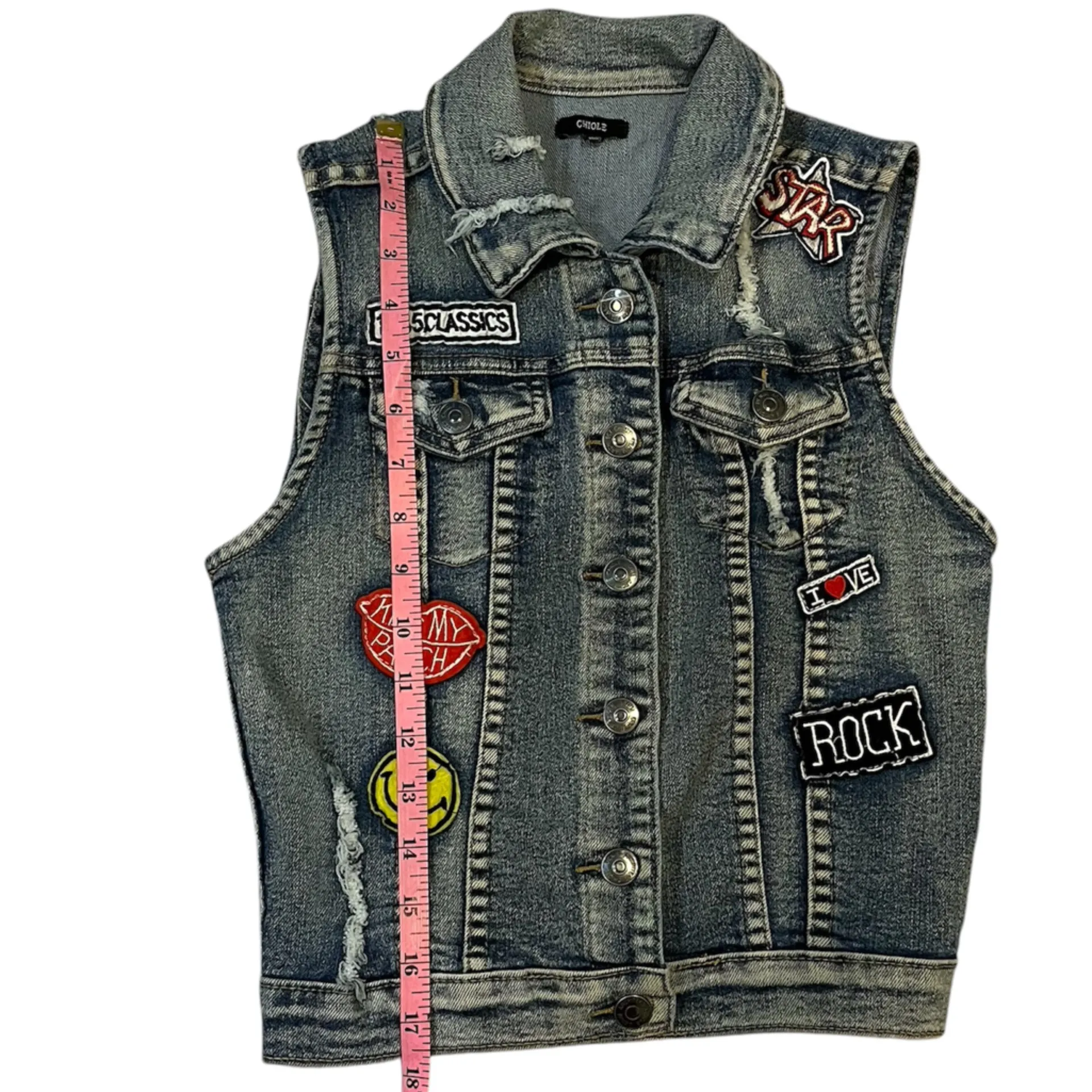 ChiOle Distressed Cropped Denim Vest S patches crop 90s rocker rock concert - Image 9