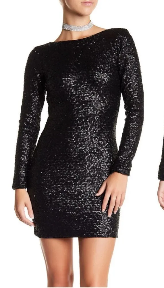 Dress the Population Kelly Black Sequin Open Back Long Sleeve Mini Dress L - Image 1