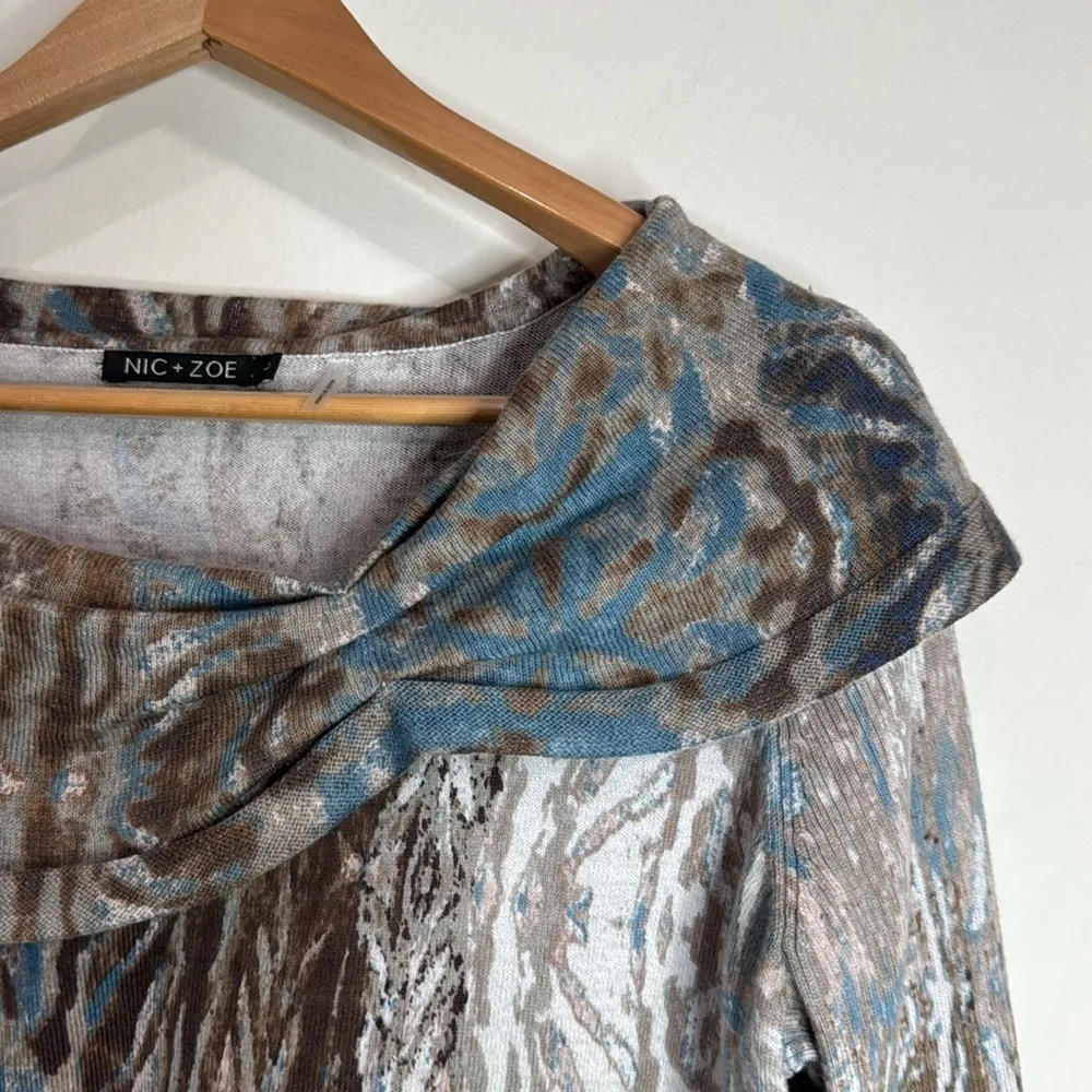 Nic + Zoe Blue & Brown Cowl Neck Lightweight Abstract Print Sweater Size L - Image 5