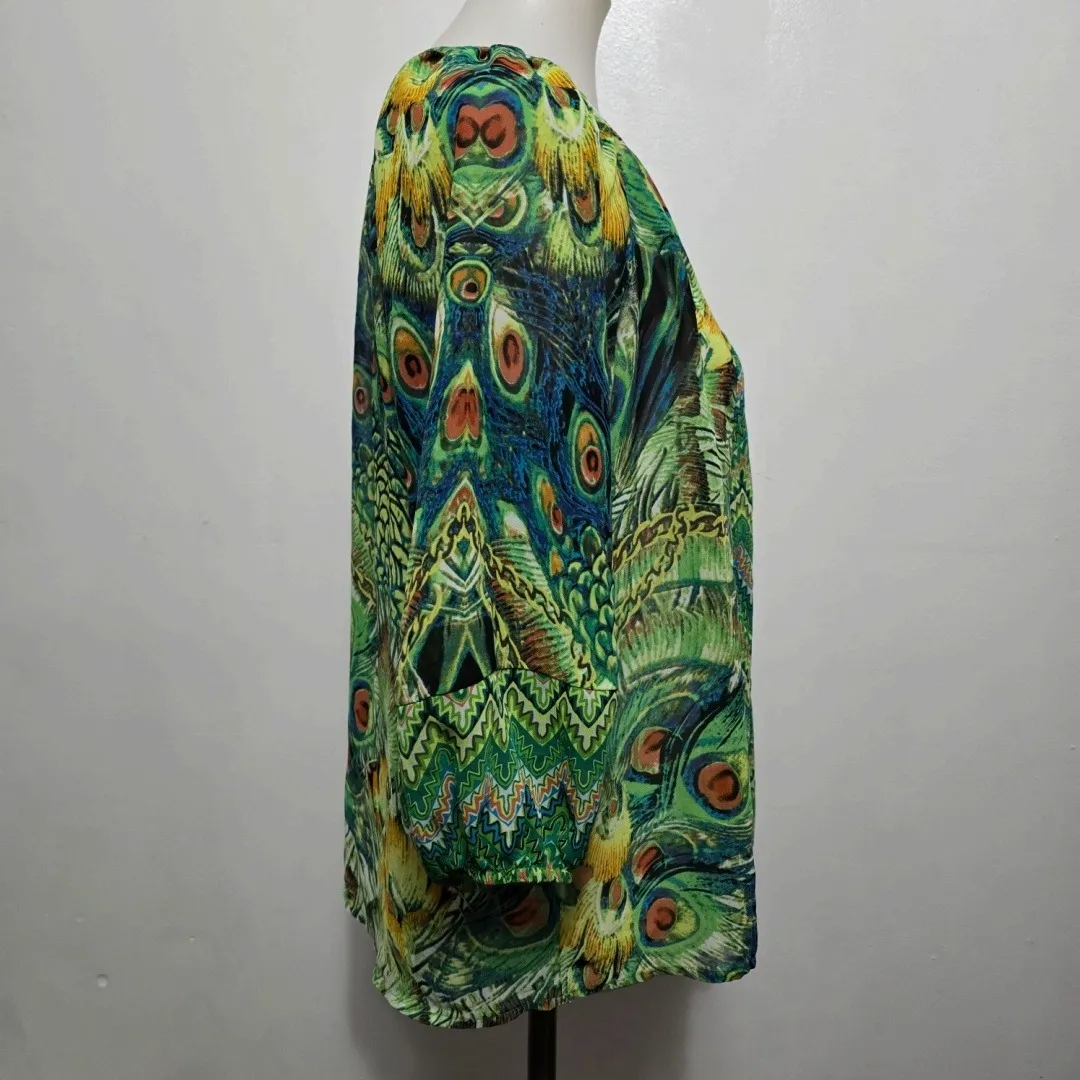 Figueroa Flower Blouse Small Peacock Print Bohemian Button Up Green Top - Image 4