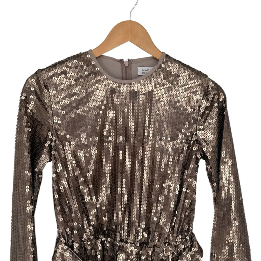 Mac Duggal Sash Belt Long Sleeves Mini Dress 10789 size 2 Taupe Sequins Cocktail - Image 5