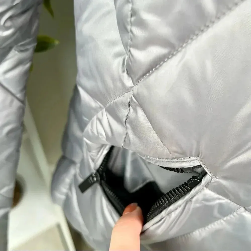 Sebby Collection Grey Silver Quilted Puffer Coat Black Faux Fur Trim NEW Sz S - Image 5