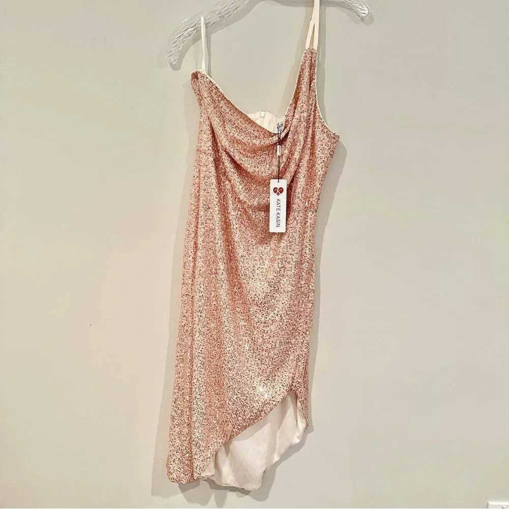 NWT Kate Kasin Sequin Glitter Party Dress One Shoulder Spaghetti Straps Size XL Gold - Image 5