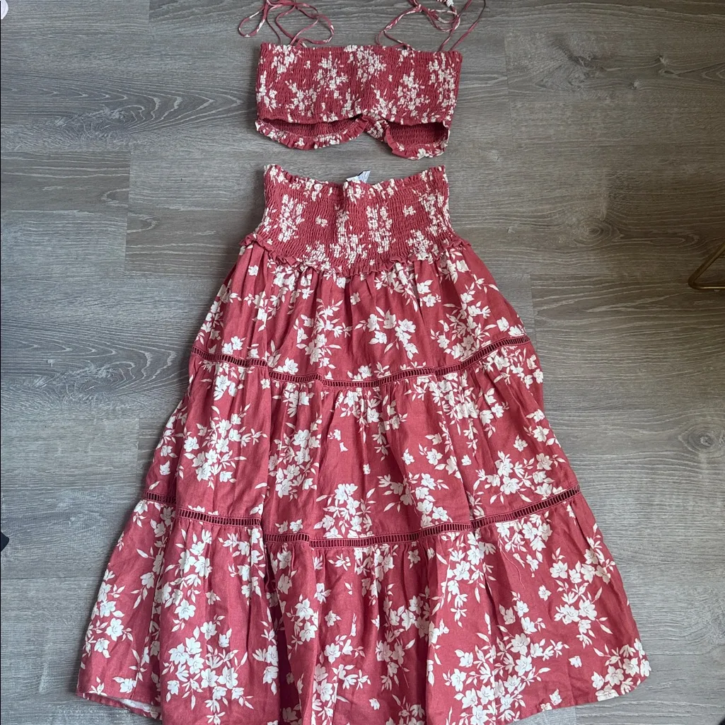 HOUSE OF HARLOW Linen Blend Smocked Crop Top & Tiered Maxi Skirt Set Small Pink - Image 9