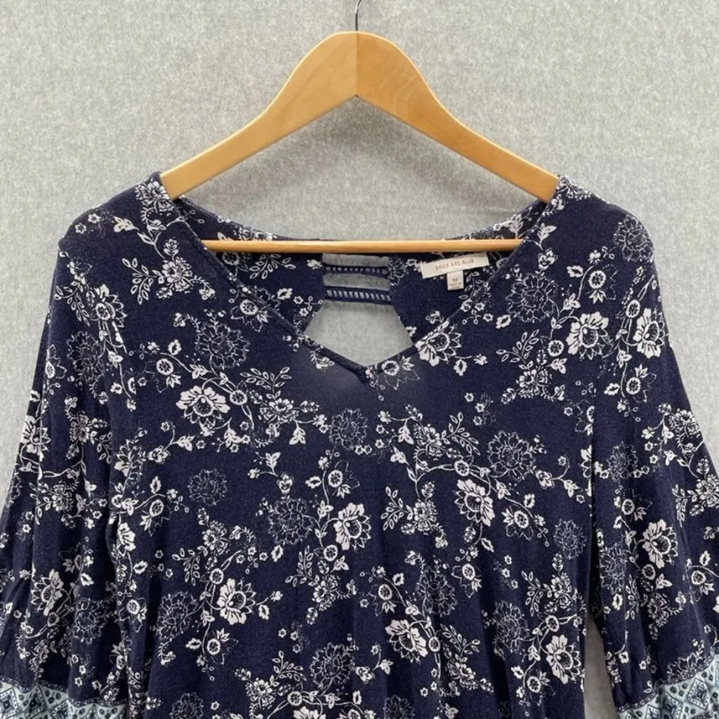 SKIES ARE‎ BLUE Dress Womens Medium Blue Rayon Floral Print Crochet Cut-out - Image 2