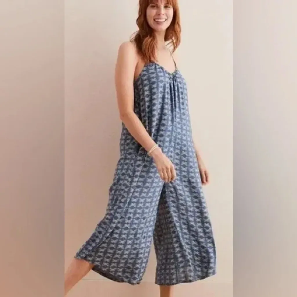 Aerie Blue White Charming Butterfly Print Wide Leg Casual Jumpsuit - Image 3