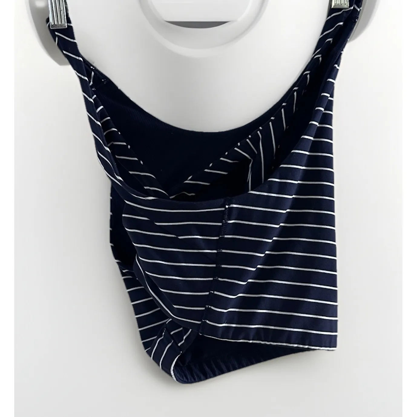 Athleta  Blue & White Stripe High Neck Sports Bra Powervita Cutout Racerback XL - Image 4