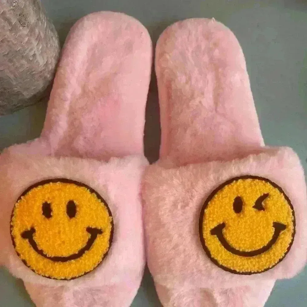 Fuzzy Slipper sSet of 2 Size 6.5 Smiley Face Open Toe Rainbow Mule Pink - Image 13