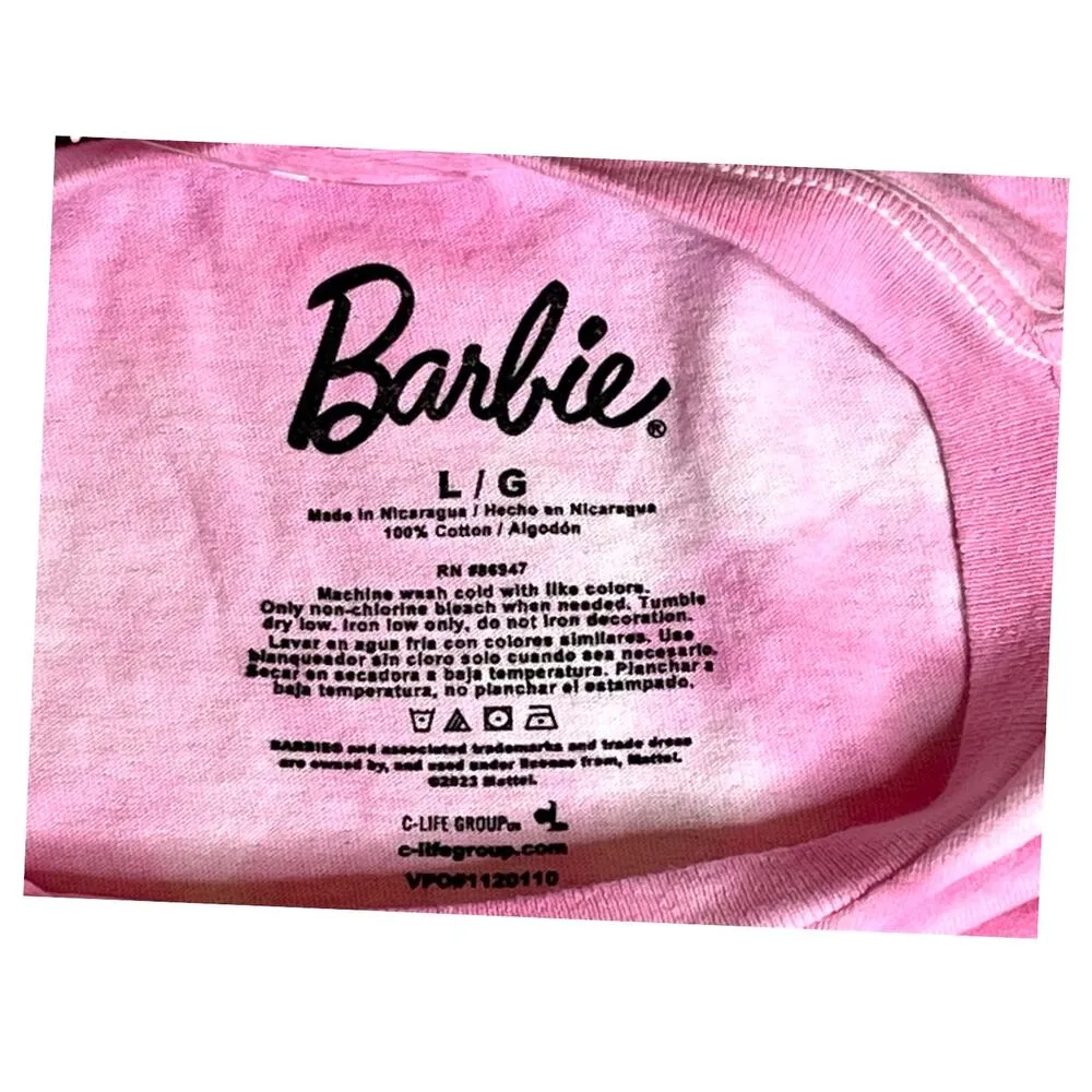 NEW Barbie Movie TEE SHIRT Womens LG Pink Tie Dye Cotton Crop Short Sleeve Top - Image 4