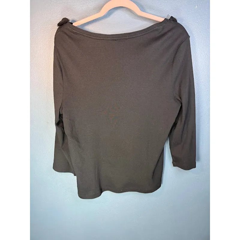 Talbots Blouse Women's Size XL Black Elevated Basic with Floral Trim on Neckline - Image 2