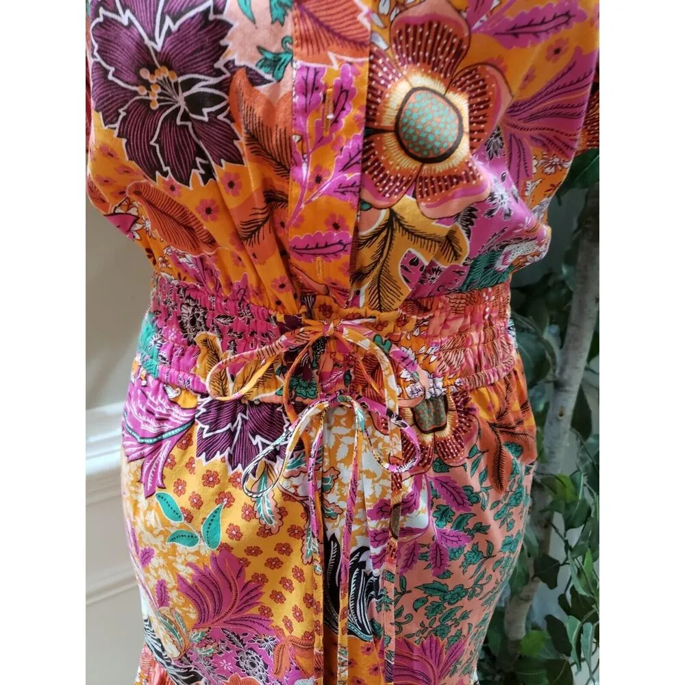 LOFT Womens Multi Floral Smocked Tie Waist Short Sleeve Ruffle Hem Shift Dress L - Image 3