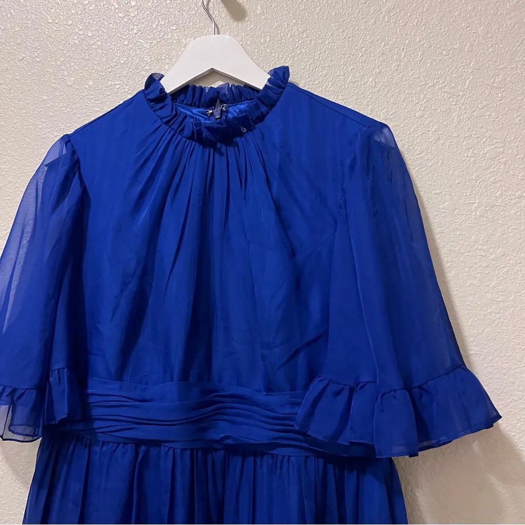 MAC DUGGAL
Blue Ruffled Mock Neck Flutter Sleeve High Low Hem Gown Size 12 NWT - Image 5