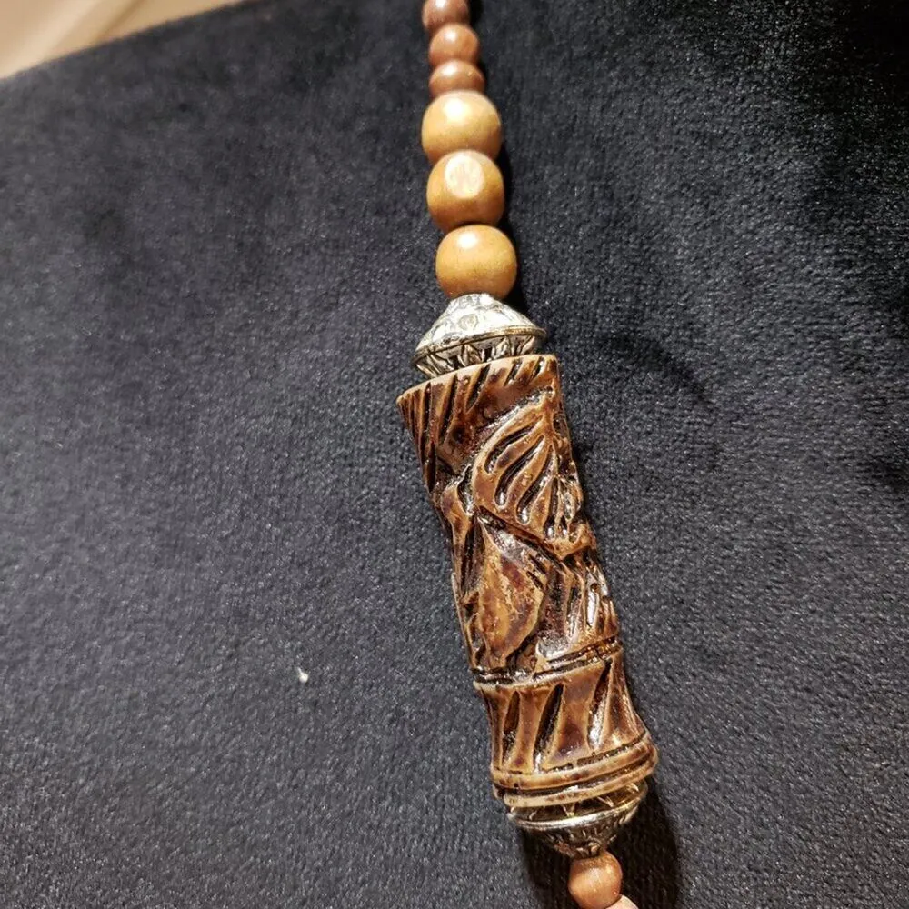 Womens Fashion Brown Wood Tibetan Agate Bead Pendant Necklace with Lobster Clasp - Image 5