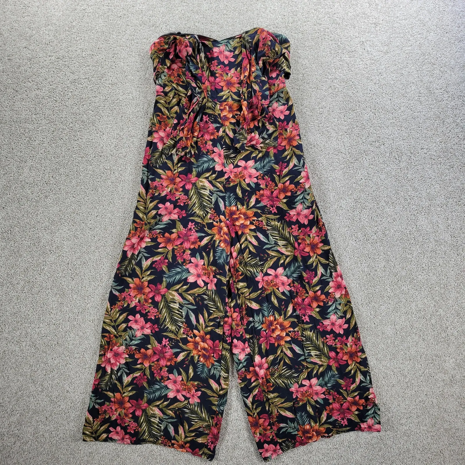 American‎ Eagle Strapless Jumpsuit Womens Med Tie Front Tropical Floral Wide Leg Black - Image 10