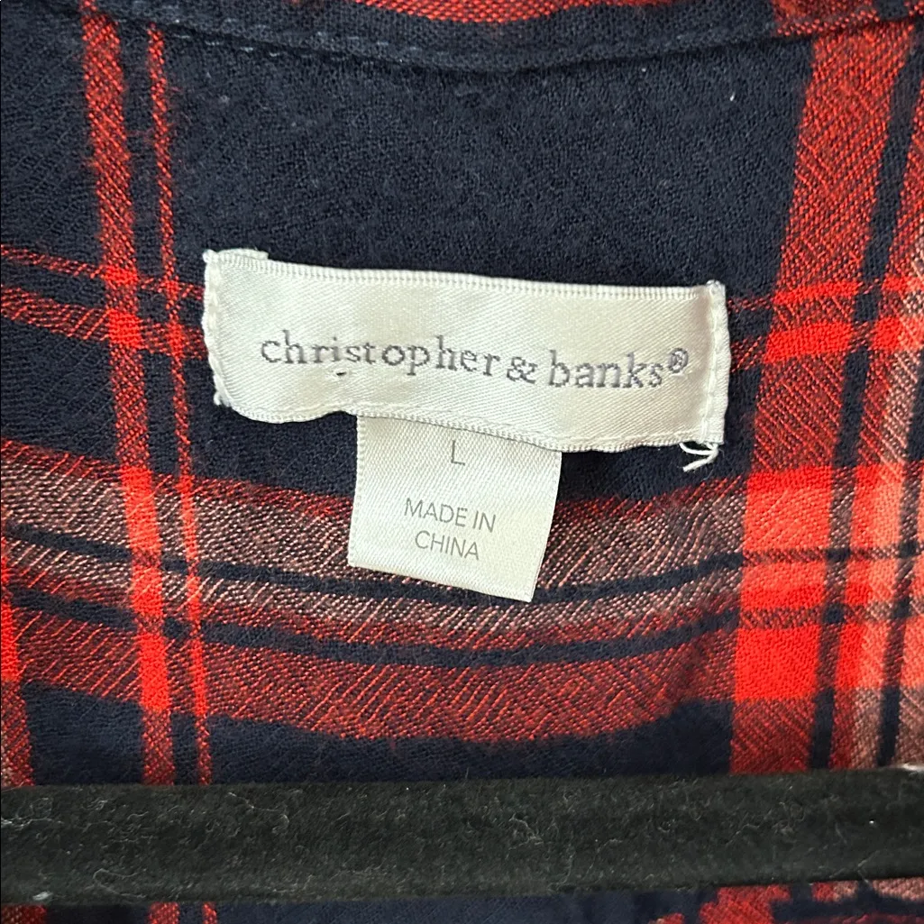 Christopher & Banks Plaid Embroidered Floral‎ Flannel Collared Top Shirt Large - Image 2