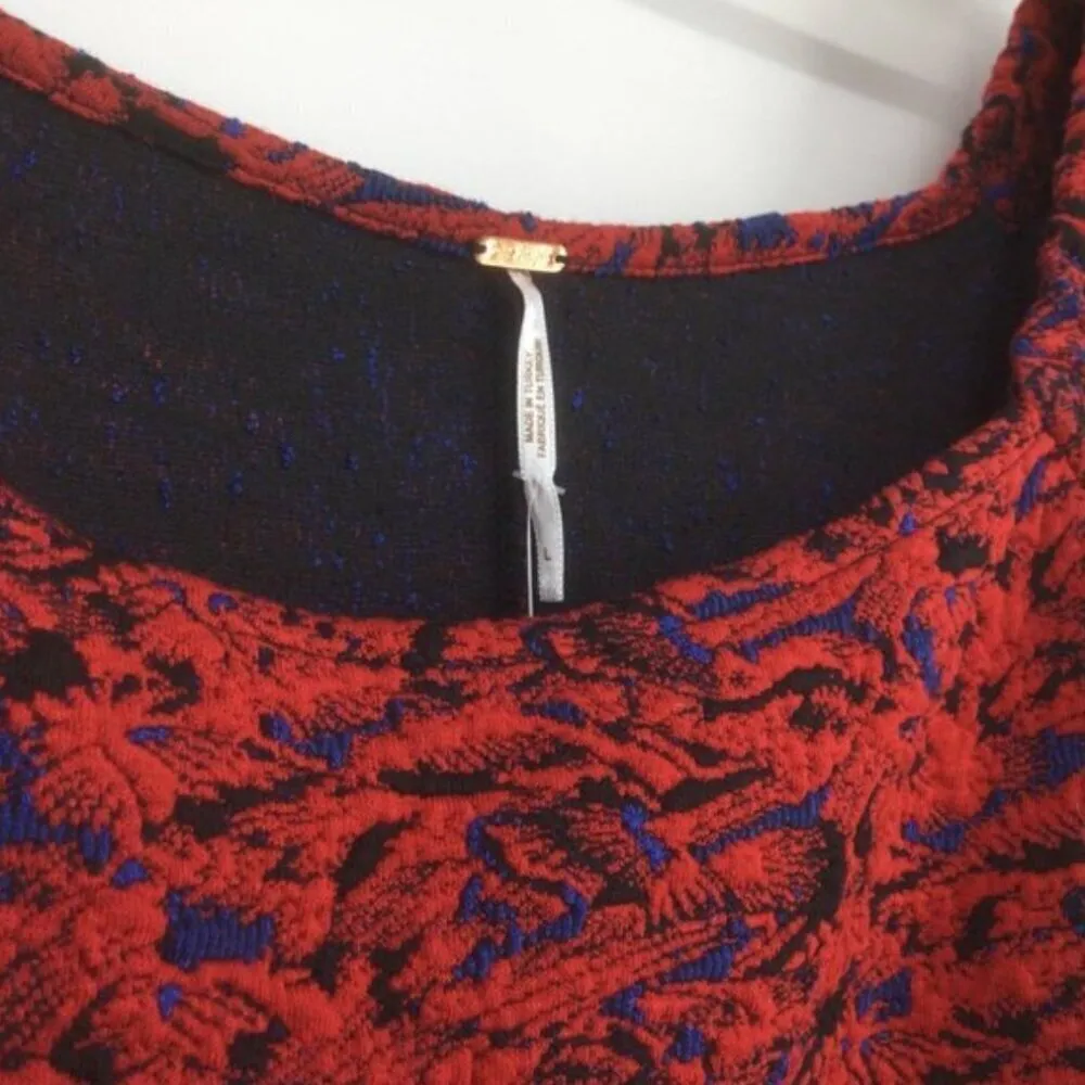 Free People Sunset Mini Dress L NWT Red Multi Print Puff Sleeve Bodycon Stretch - Image 8