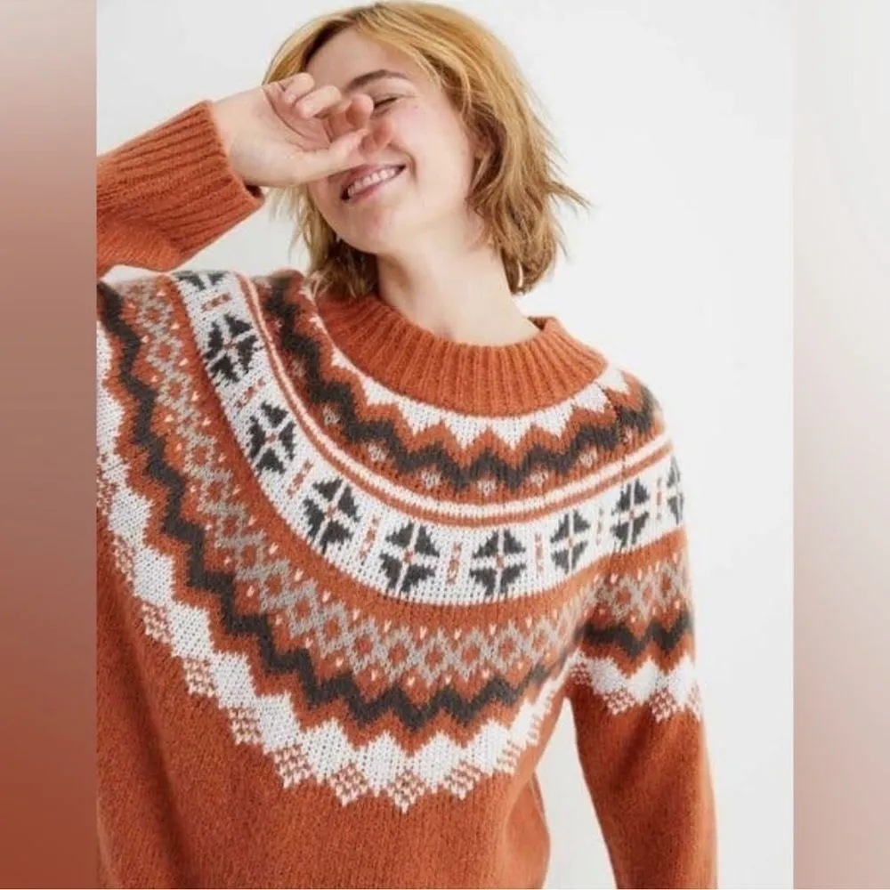 Aerie Fair Isle Knit Sweater Rust Orange Neutral Ivory Earth Cottagecore Large - Image 2