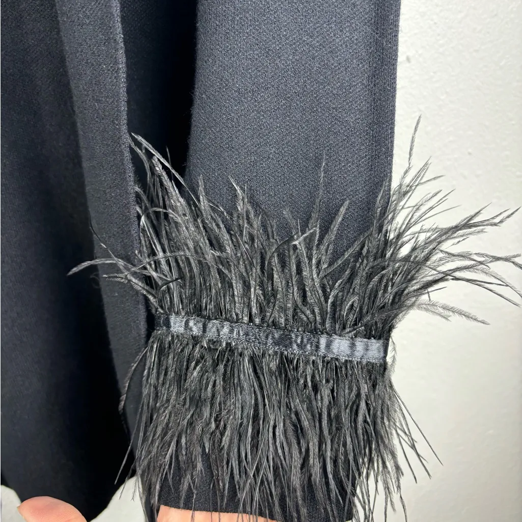 Sioni Medium Solid Black Open Front‎ Cardigan Blazer Feather Trim Sleeves Detail - Image 3