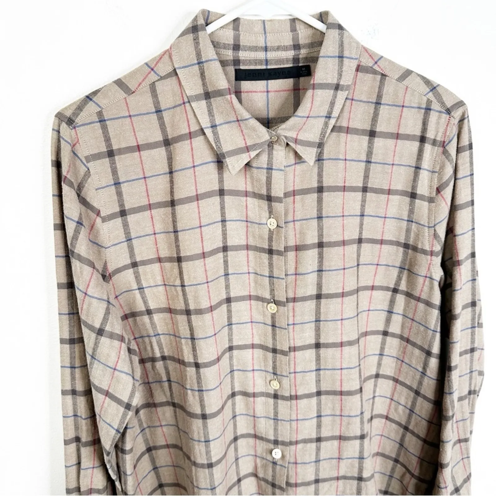 Jenni Kayne Lightweight Button Down Flannel in Taupe Plaid Size Medium Tan - Image 5