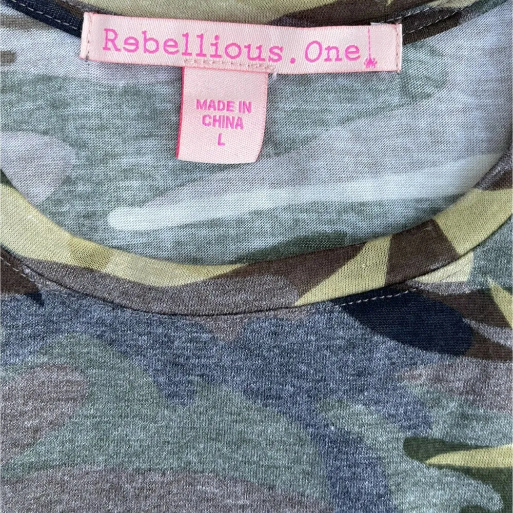 REBELLIOUS ONE Womens Olive Camo Sleeveless Tank Top Gem Accents Size Large - Image 3