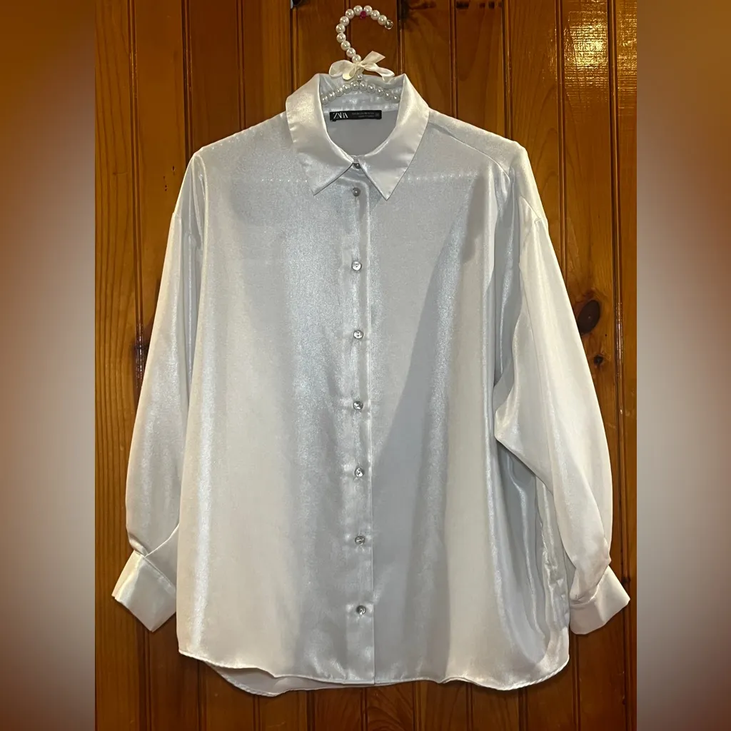 Zara Flowing Shiny Button down Shirt Silver Size XS - Image 2