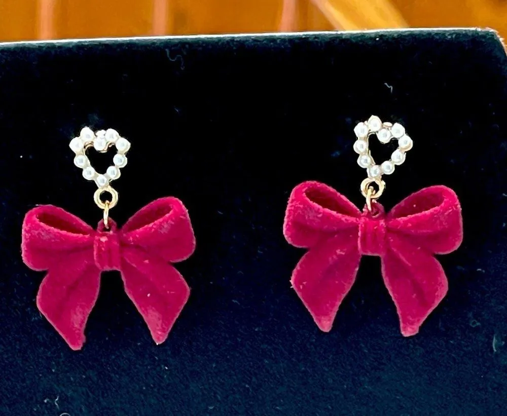 Red Bow Earrings with Pearl Accents - Image 2