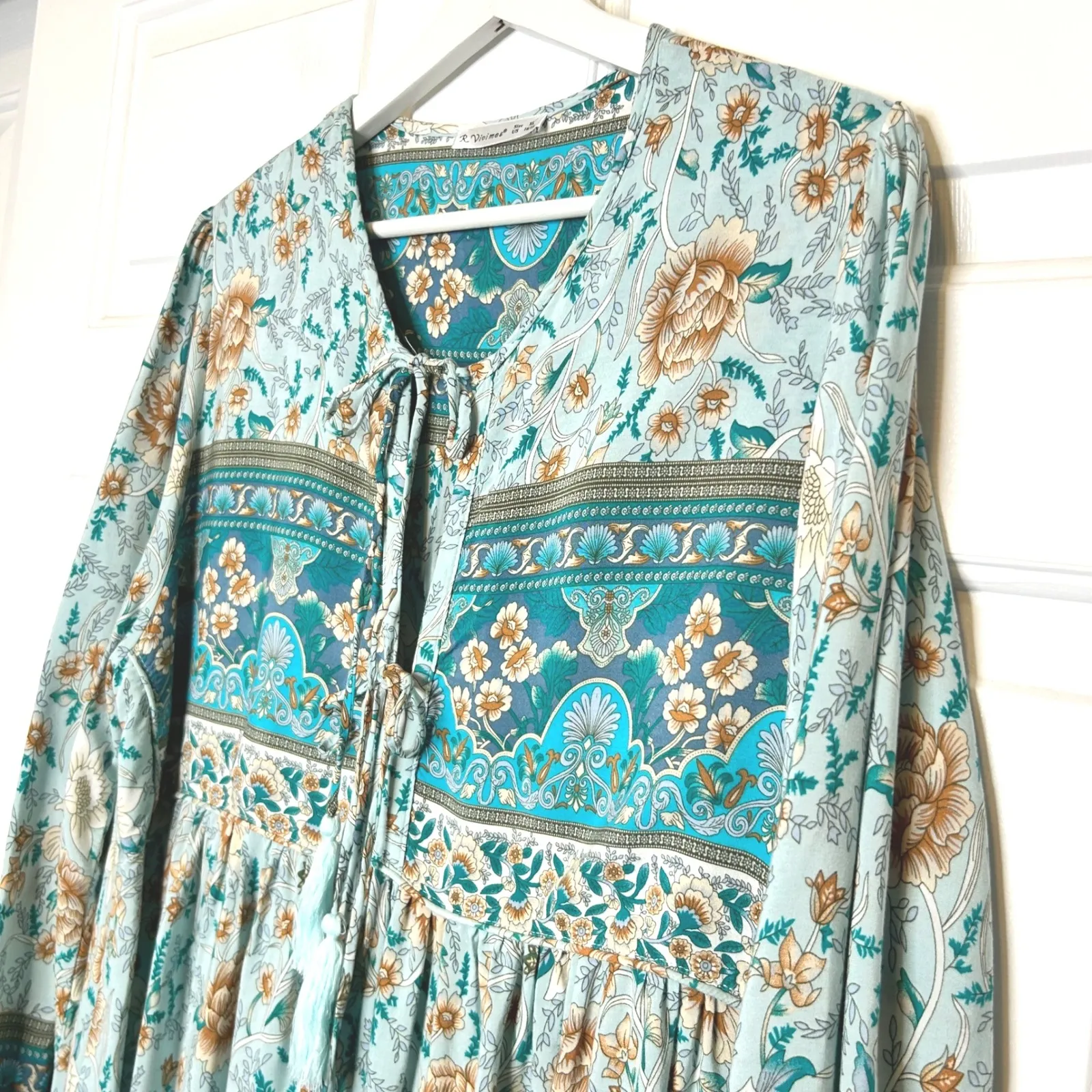 R. Vivimos Boho Floral Maxi Dress‎ Long Sleeve V Neck Tie Tassel Empire Waist Blue Size XL - Image 4