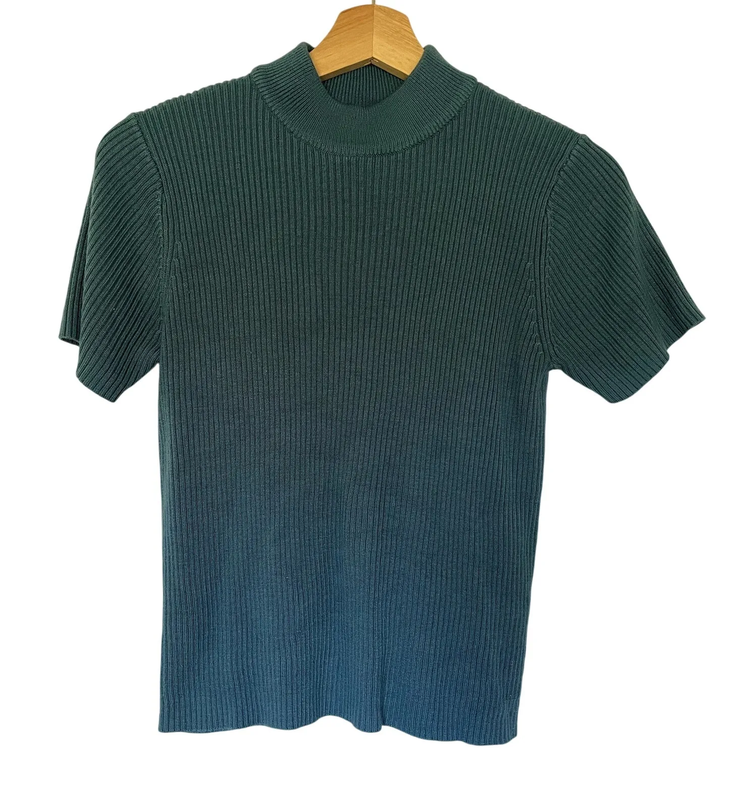 Studio Works knit short sleeved turtleneck top women's size PM blue ribbed shirt - Image 1