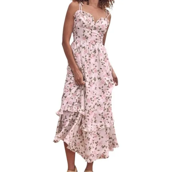 West of Melrose Floral‎ Print Maxi Dress Tiered Ruffle Milkmaid Cottage Sz M White Size M - Image 3