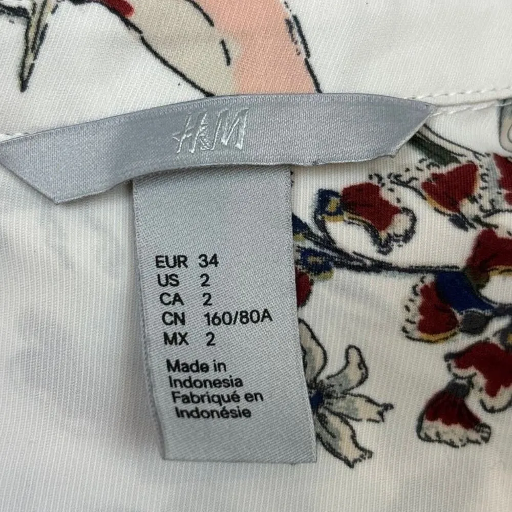 H&M Womens White Floral Bird Print  Button Up Long Sleeve Shirt Blouse Top Sz 2 - Image 6