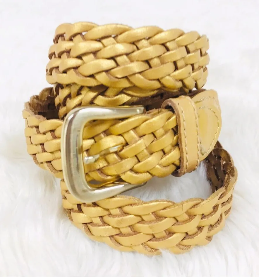 VINTAGE 90s Gold Metallic Woven Leather Belt Braided Y2K Retro Medium Large Gold - Image 1