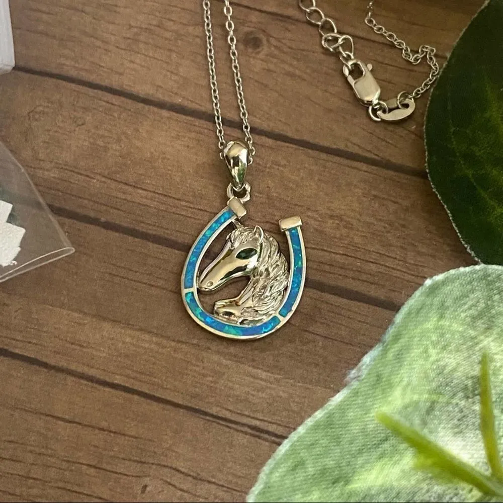 Lab Opal Sterling Silver Horse Pendant Necklace Silver - Image 2