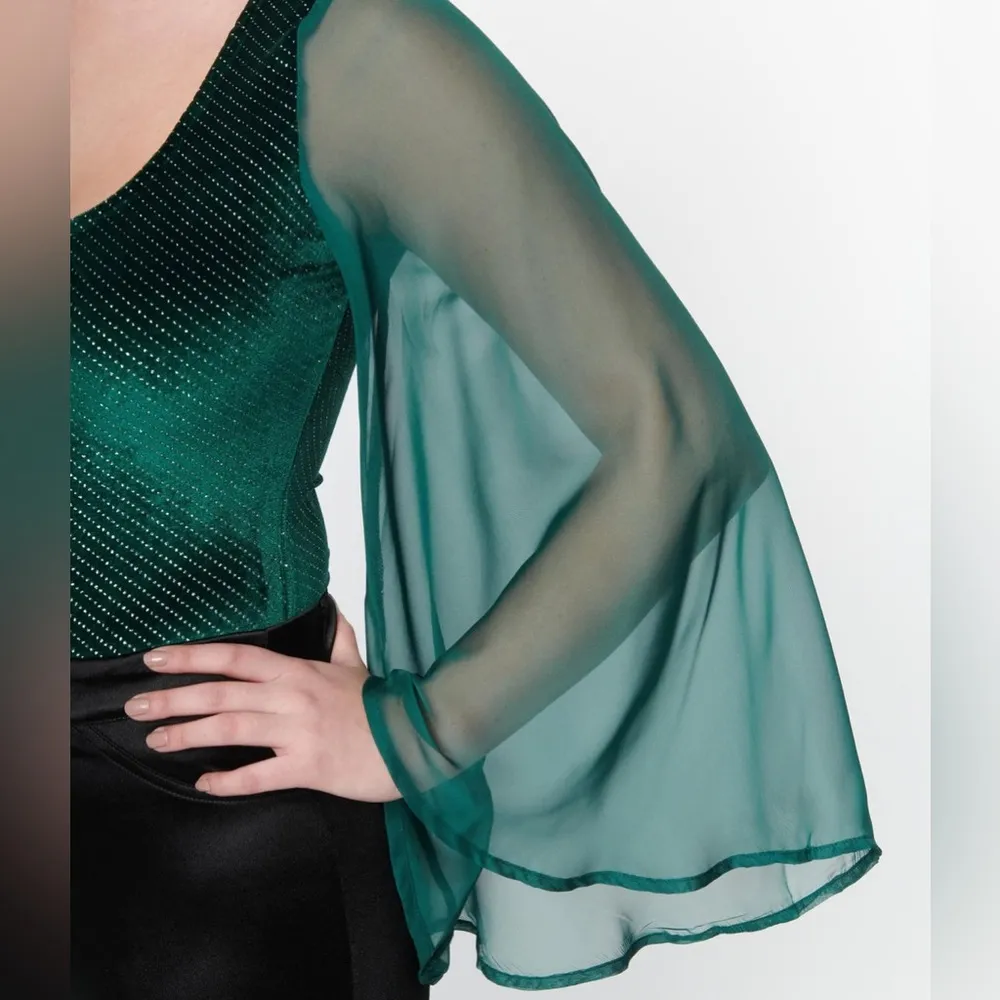 Emerald Velvet Bell Sleeve Bodysuit Green Size M - Image 3