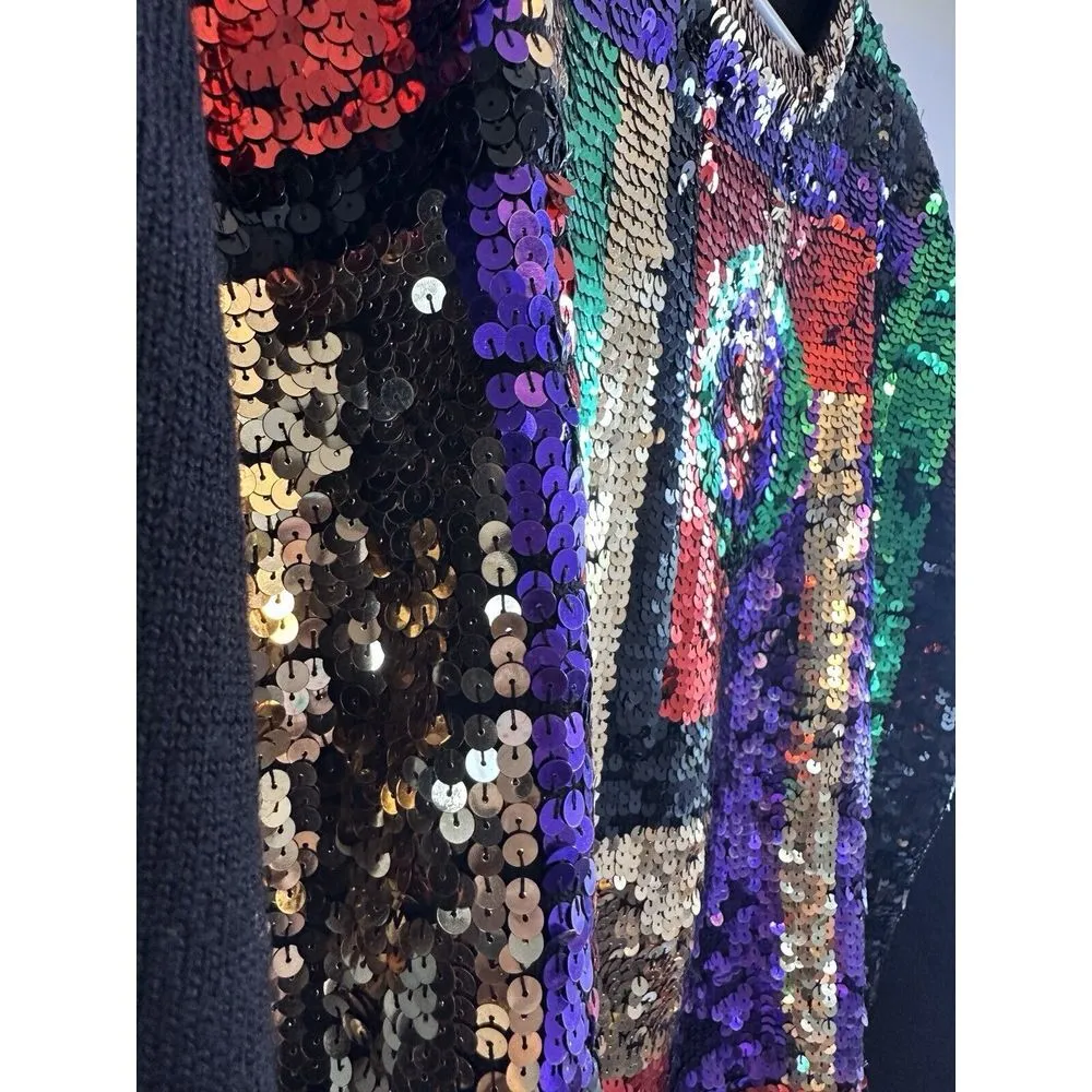 Vintage Sequin Sweater Multicolor Abstract Geometric Pattern‎ Party Pullover Size L - Image 3