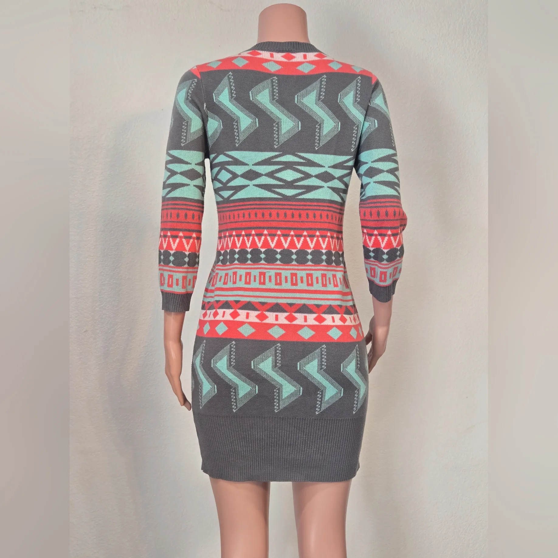 Tribal Egyptian European T/o Size Large Sweater Dress Geometric Aztec Office Orange - Image 5