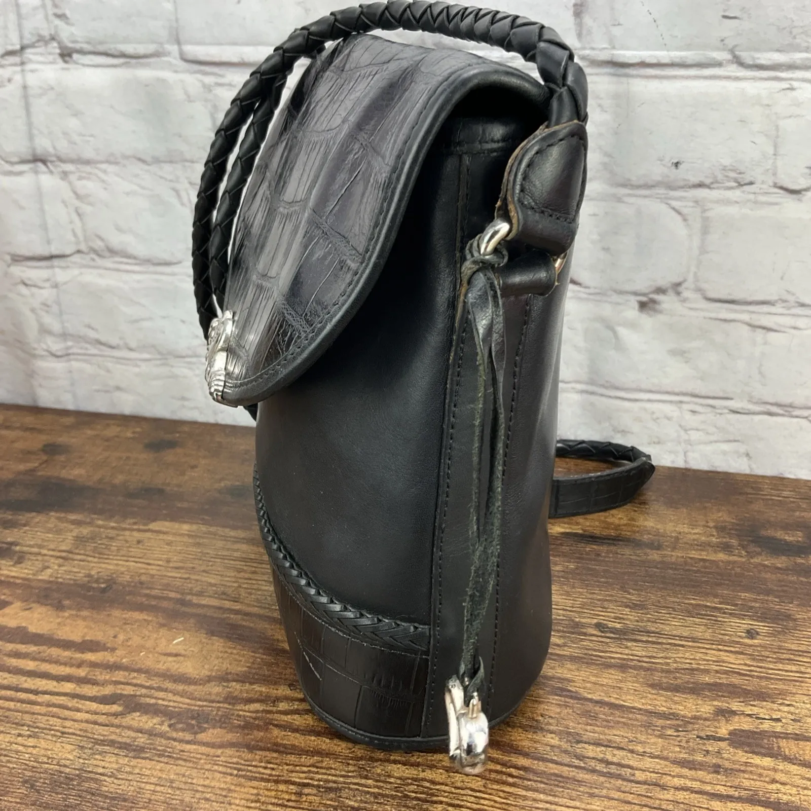 Brighton VTG Bucket Tote Shoulder Bag Purse Black Leather w/Embossed Crocodile - Image 4