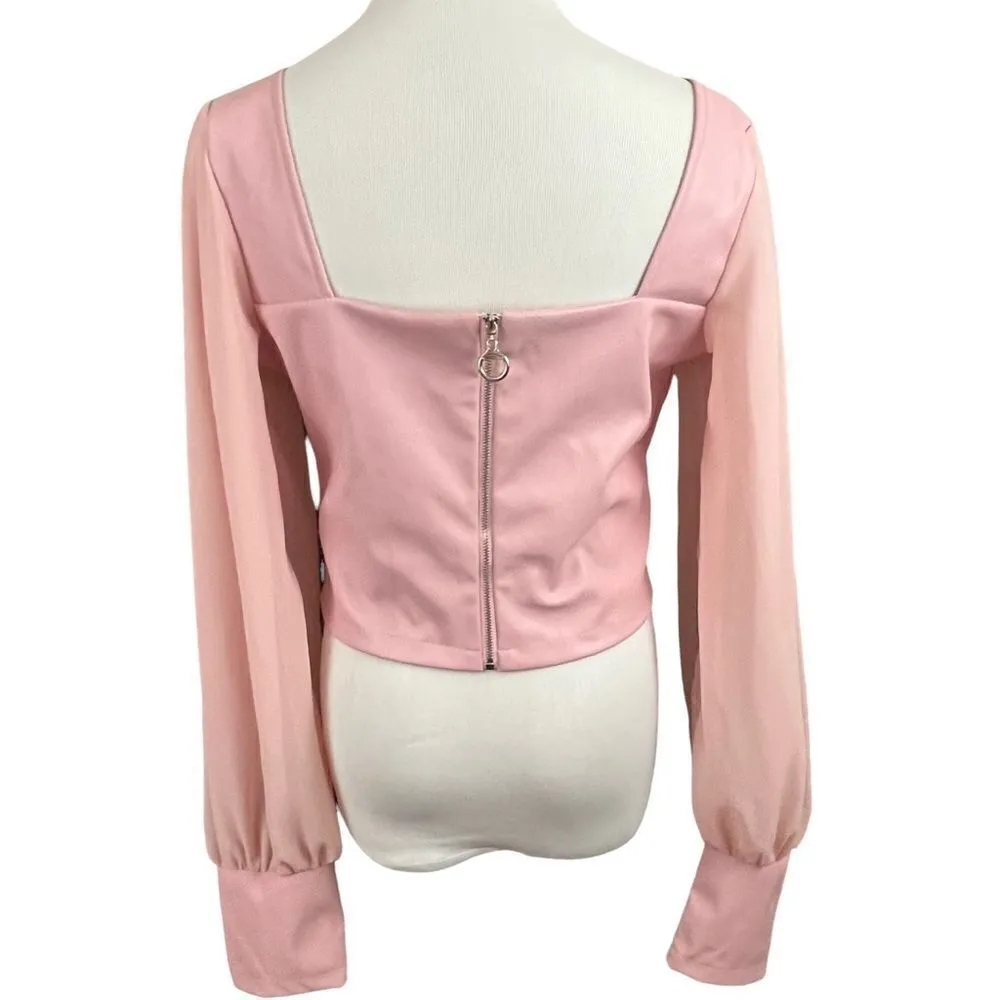 ASOS Parisian Bubblegum Pink Vegan Leather Bustier Sheer Sleeve Top 10 - Image 3