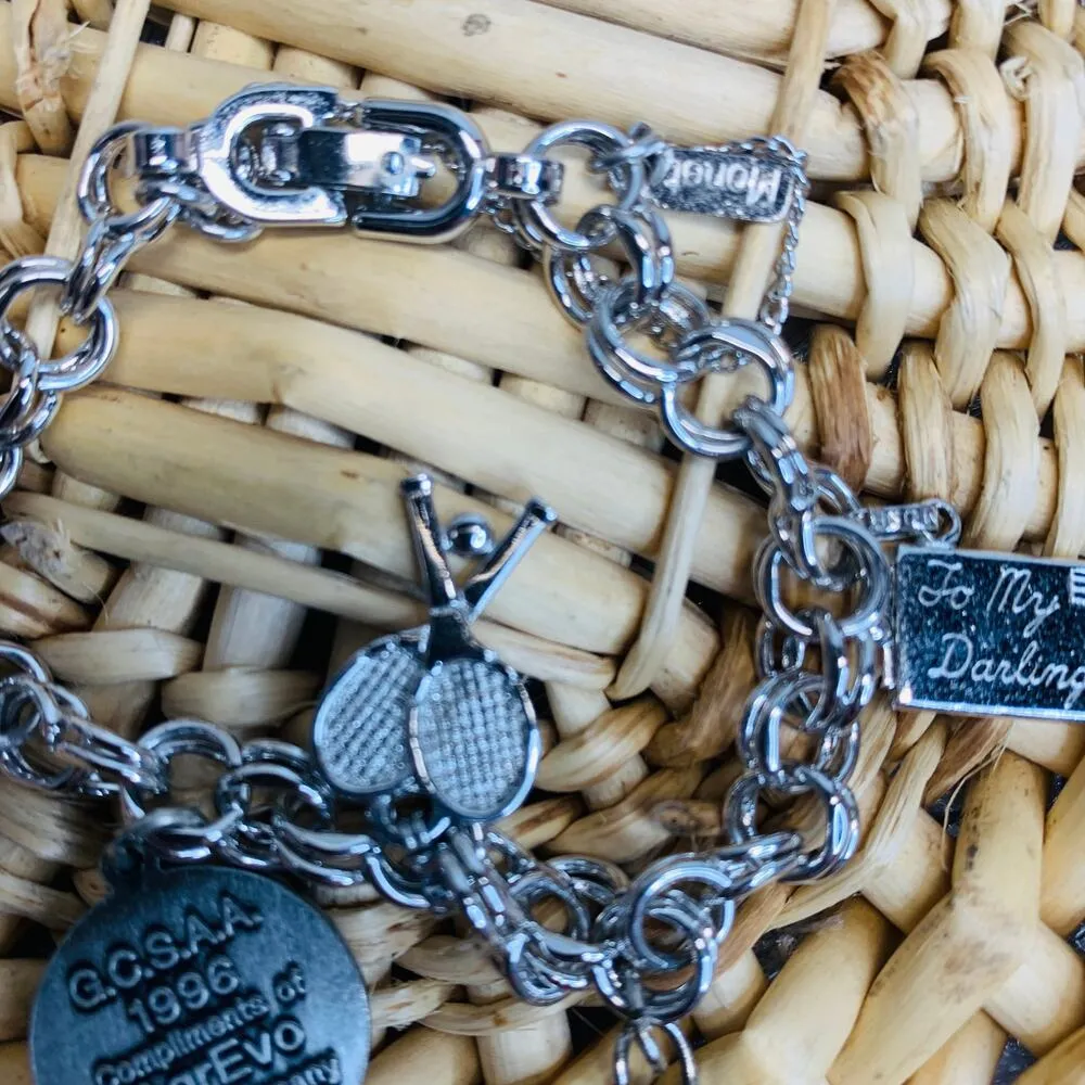 Silver Charm Bracelet Monet  w Charms Tennis Bible Spaceship Letter Orlando - Image 8
