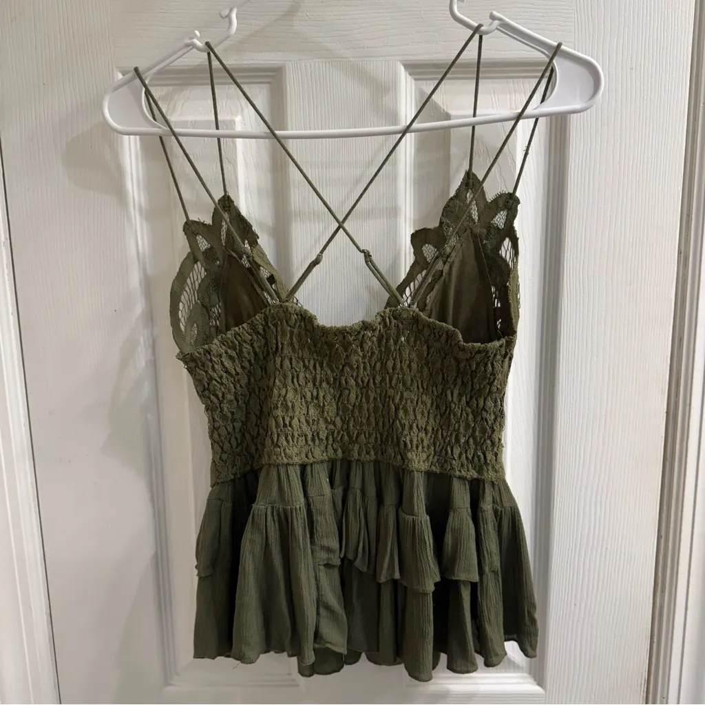 Free People Adella Lace Ruffle Camisole Top Olive Sparrow Forest Green Size M - Image 8