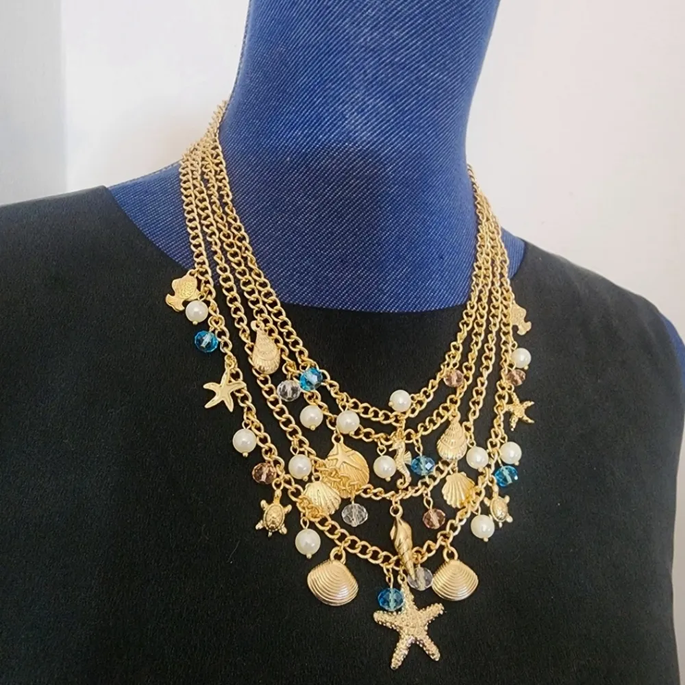 Gold 4 Strand Chain Necklace with Nautical Charms and Starfish Earrings Set - Image 11